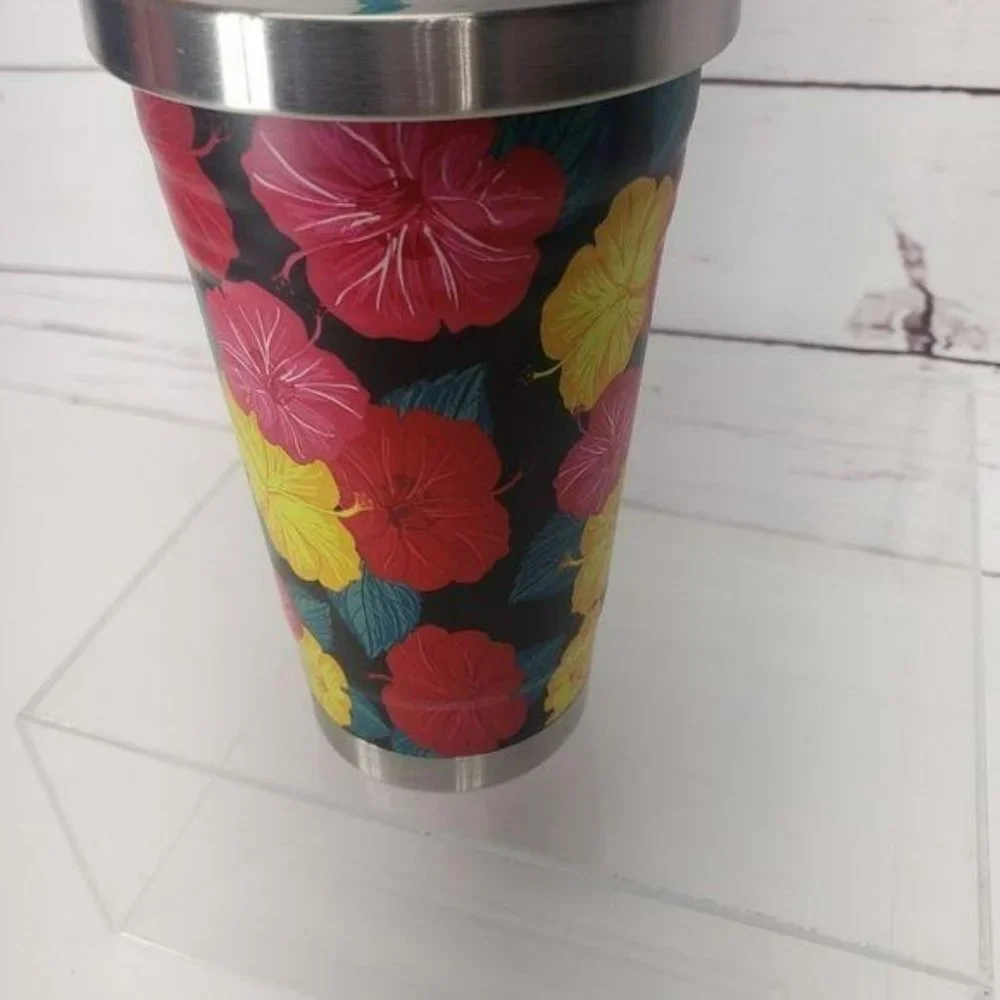 Hawaiian Floral Print Stainless Steel Tumbler Cold Cup Hibiscus Flowers 17 Fl Oz